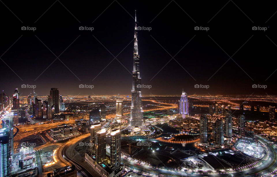 Night view of the skyscrapers of downtown Dubai
