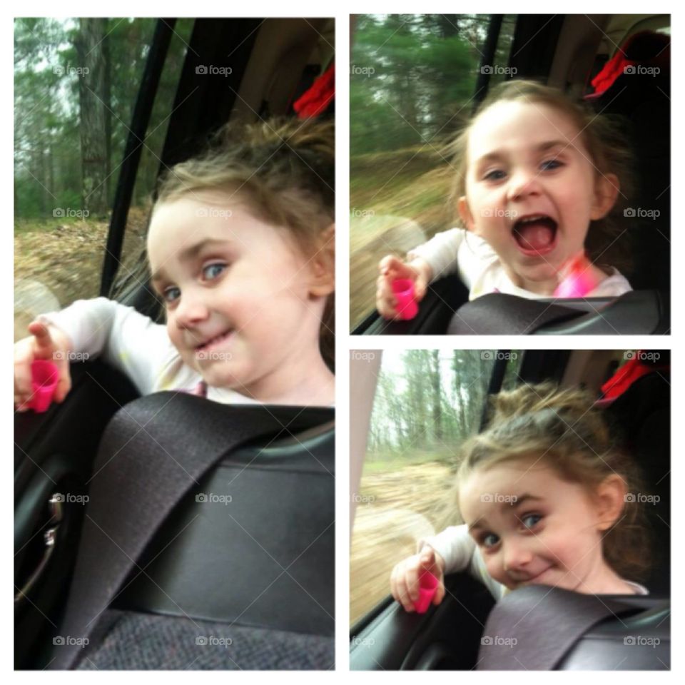 Collage of cute girl sitting in car