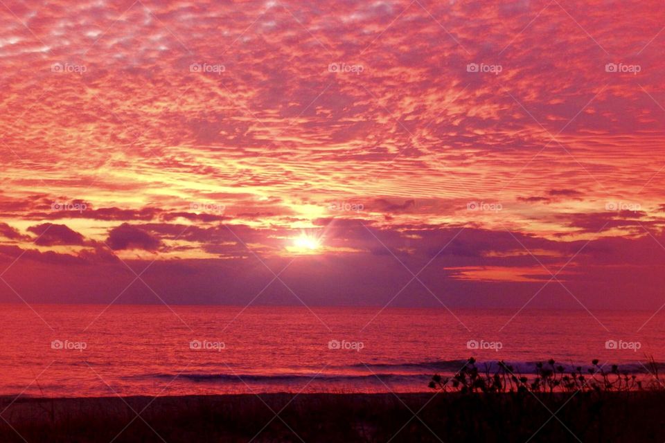  Vivid red ocean sunset.