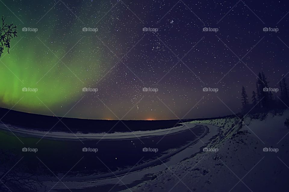 Night, aurora borealis, north, night north, polar region, night polar region, northern lights, stars, frost, frosty night, breath, cold, new year, Santa claus, northern santa claus, travel, night walk, shining sky, flashes, tundra, forest,