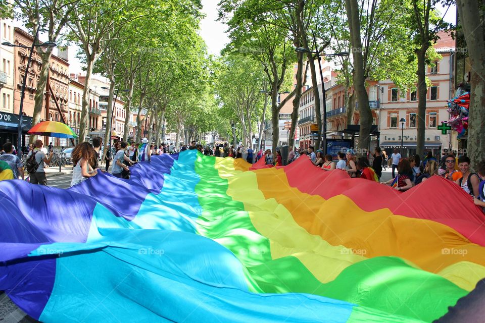 Huge rainbow flag of lgbt parade in Toulouse, France