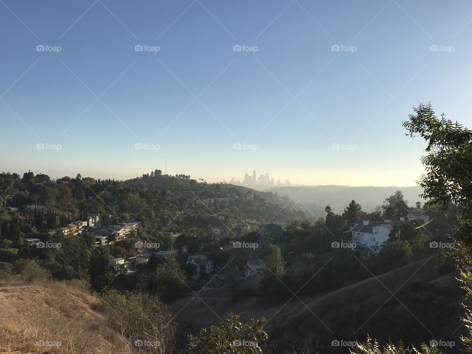 Gorgeous view of the Downtown Los Angeles skyline from a mountain hike. 