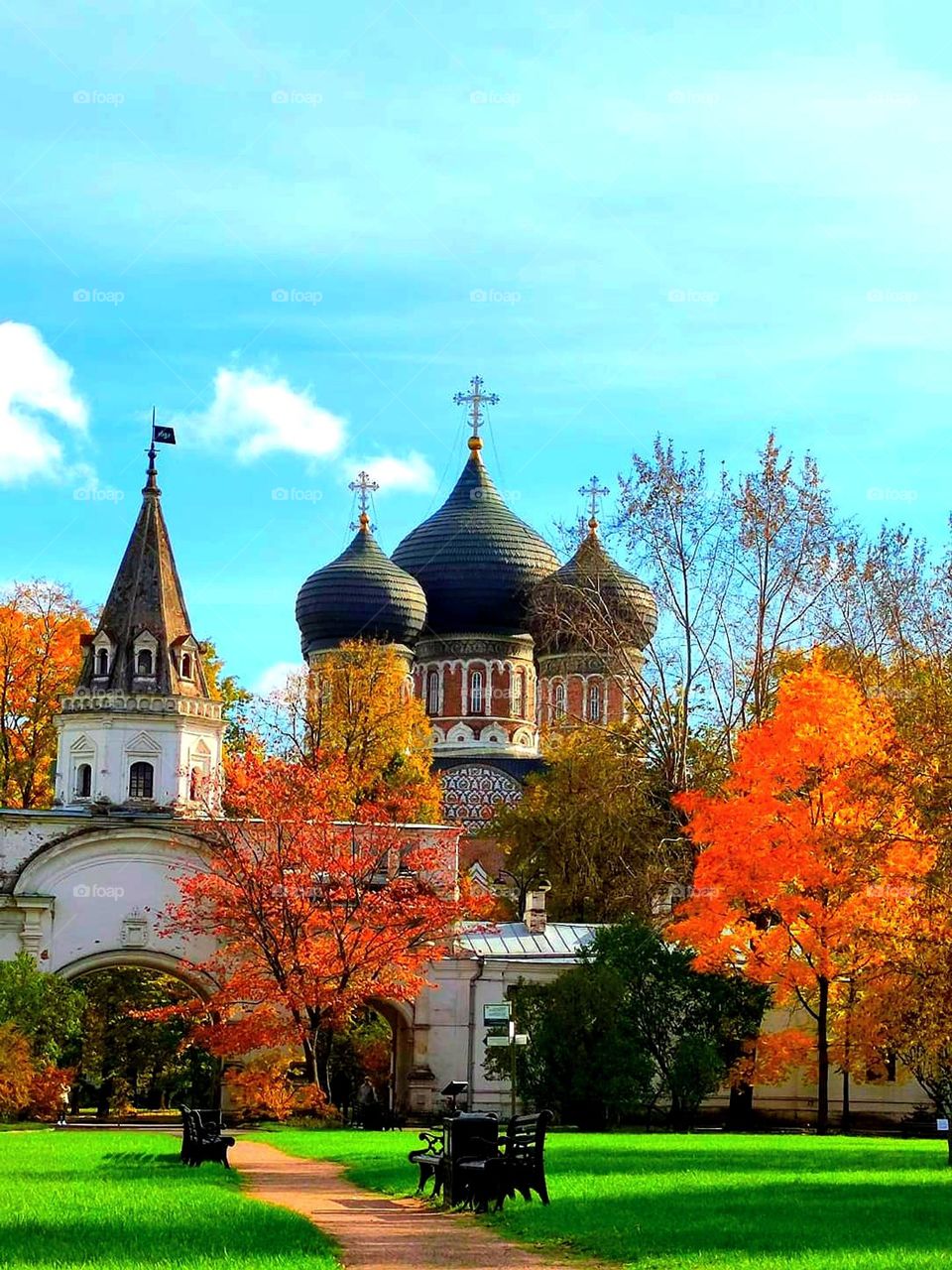 Autumn. All the colors of autumn. Green lawn, along the path there are wooden benches. In the background, the white wall of the fortress with a tower and the dome of the temple. The wall and domes of the temple are buried in multi-colored autumn.