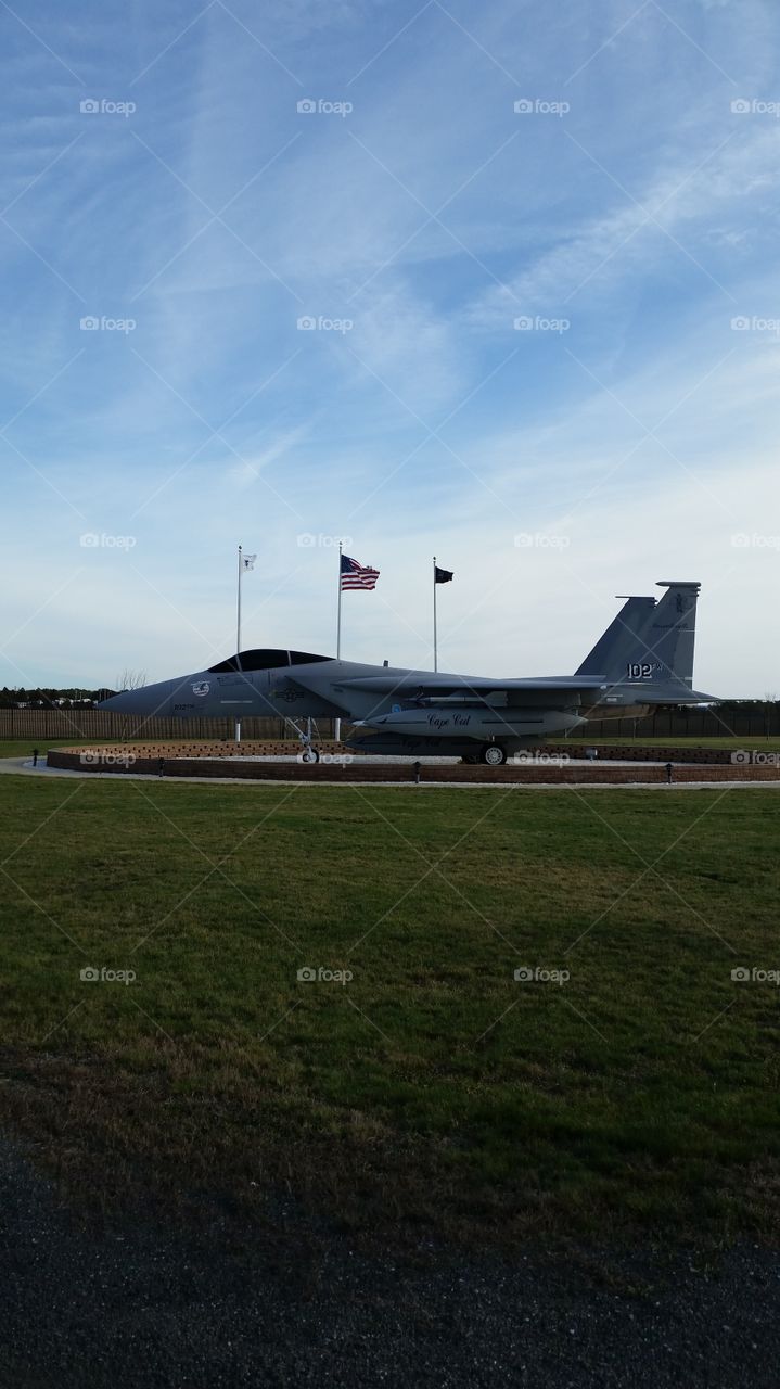 F 15 at the entrance of Otis Air National Guard Base