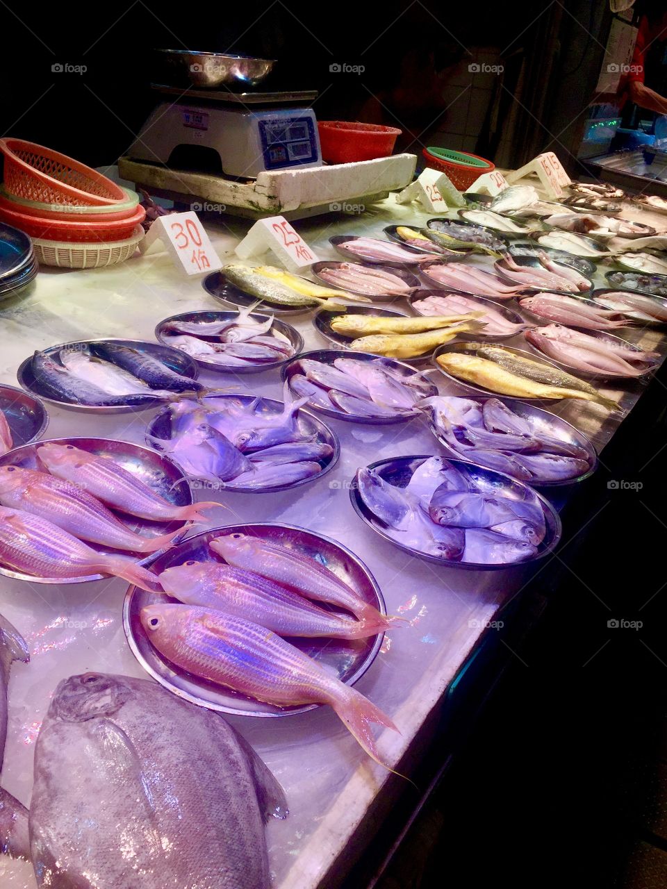 Colorful array of rainbow fish at a market in Hong Kong, China