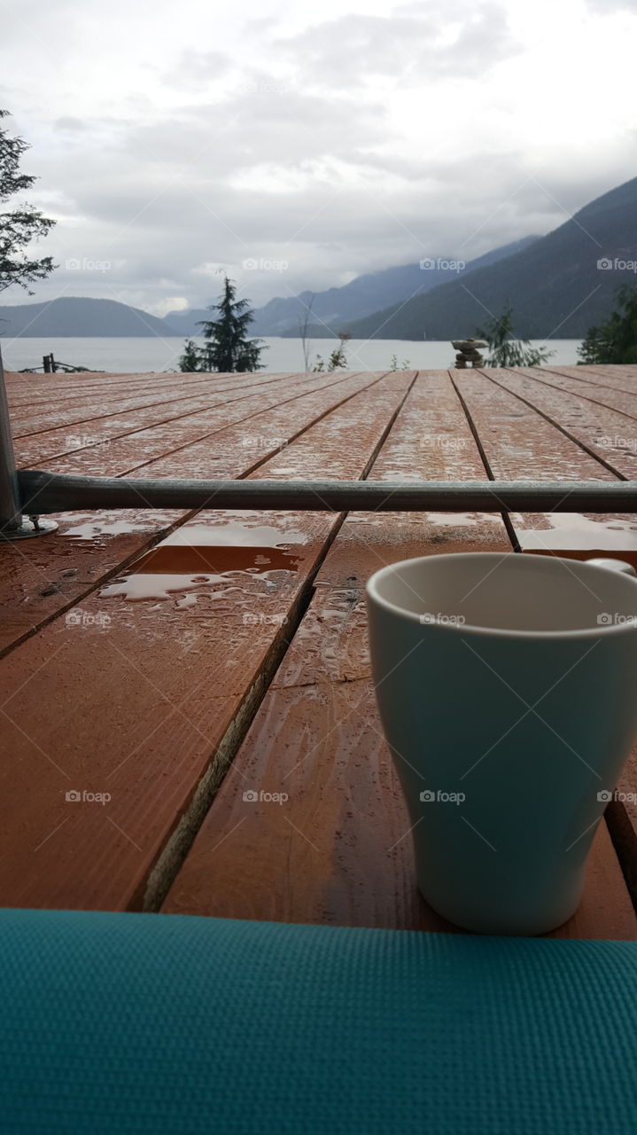 rainy day on the yoga deck with coffee