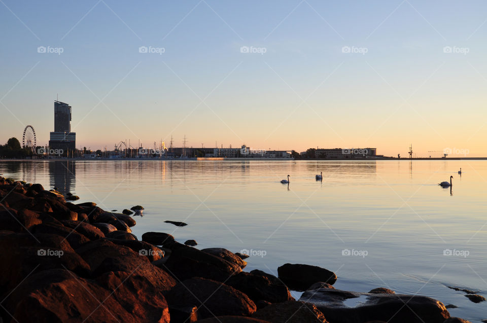 Water, Sunset, Dawn, Beach, City