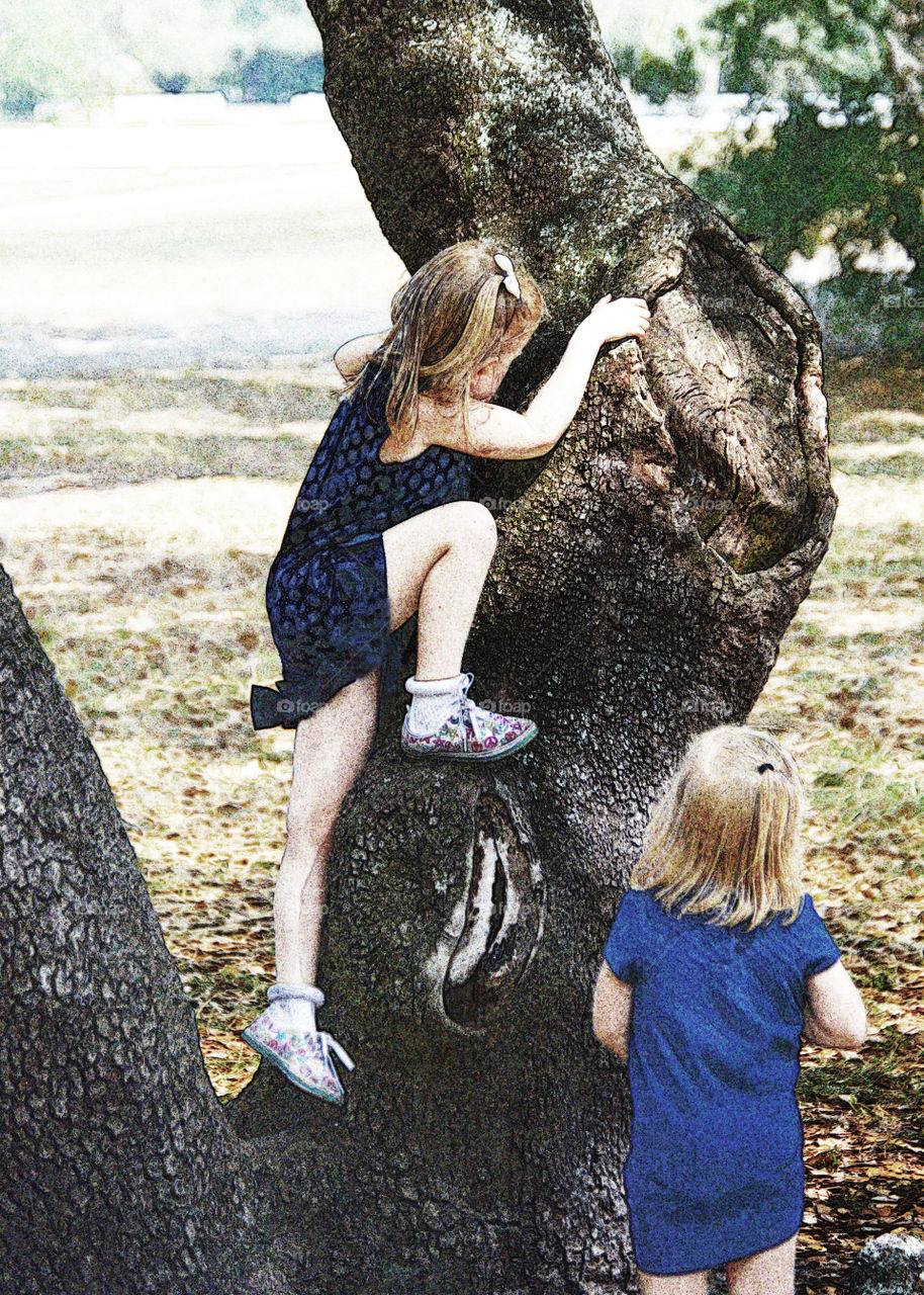 This is how you do it!. Little girl climbing tree with little sister watching 