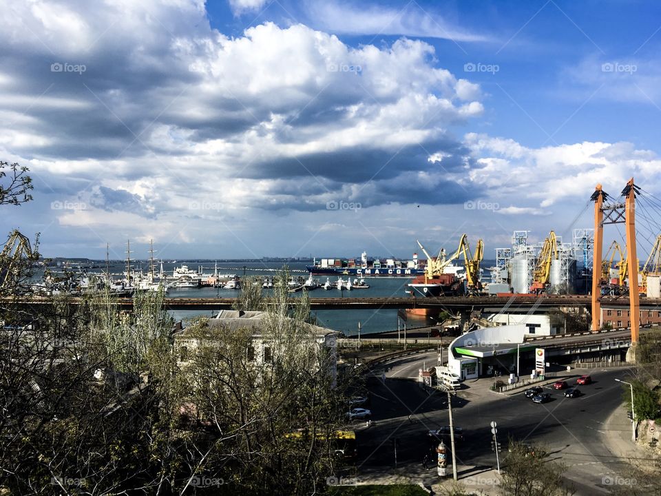 Odessa sea port view. Odessa sea port landscape. Blue cloudy sky. Odessa, Ukraine. 