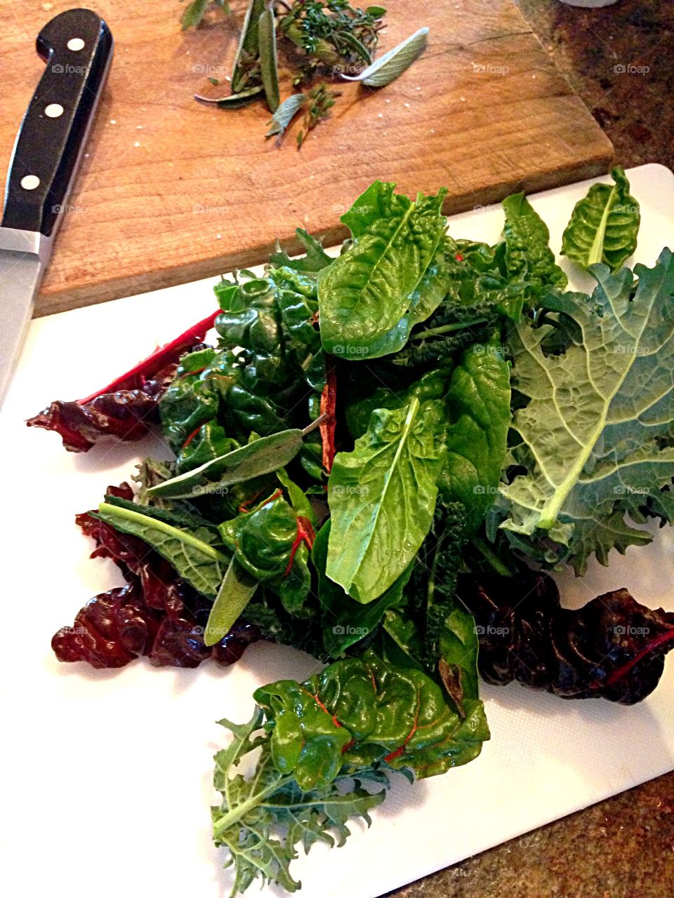 Elevated view of fresh raw leafy vegetables