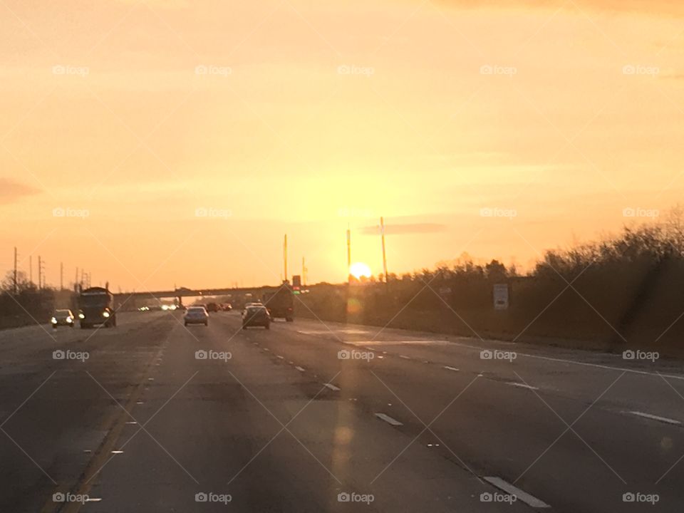 Sunrise on the road. 