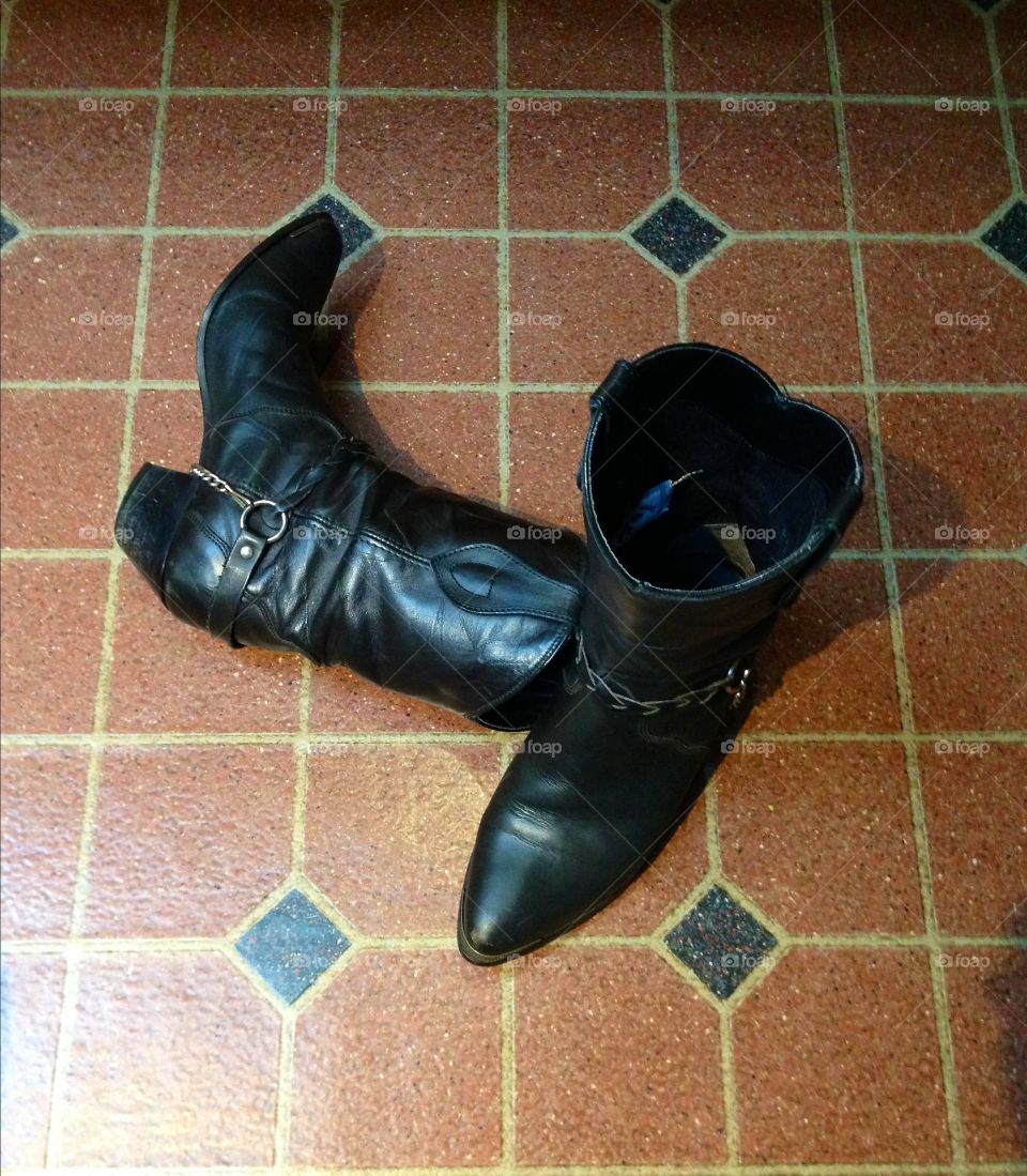 Motorcycle boots kicked off after riding, and there they stayed lol