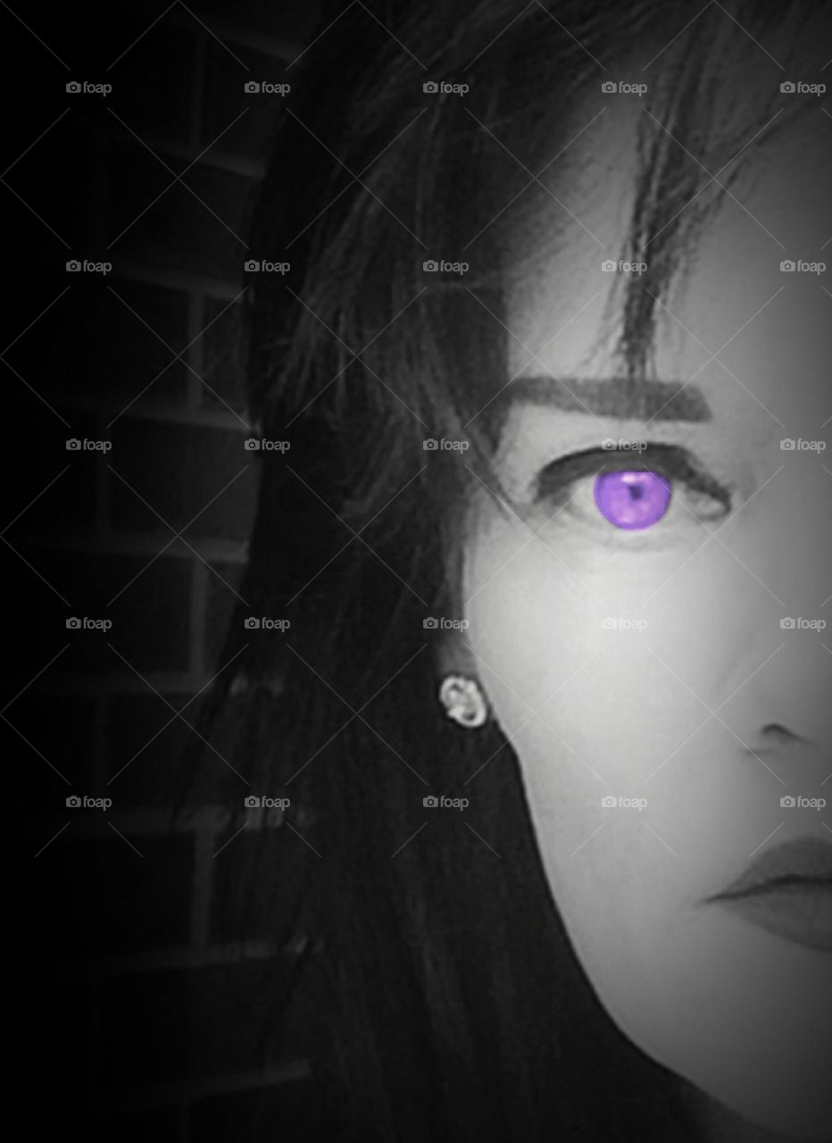 Having fun with a photo of my twin. Black and white and a purple eye for the purple mission!