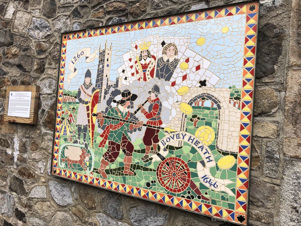 This mosaic in Bovey Tracey, Devon depicts the “Battle of Bovey Heath” in 1646