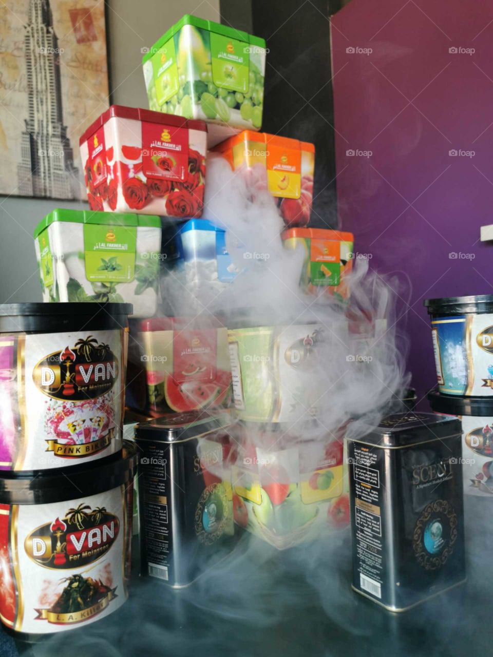 Photo of flavours in smoke. We have few types of flavours, Divan, Al Faher, and Adalya. Best shisha in Belgrade