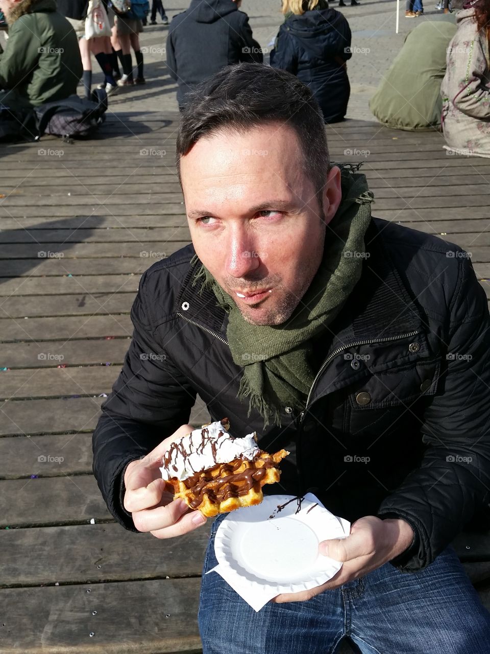 tourist with Belgian waffle