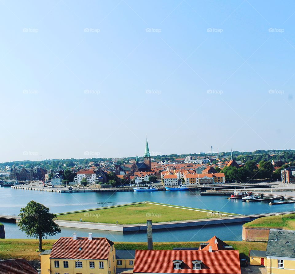 the view over Helsingor, Denmark, from Kronborg slot, the castle upon which Shakespeare based Hamlet