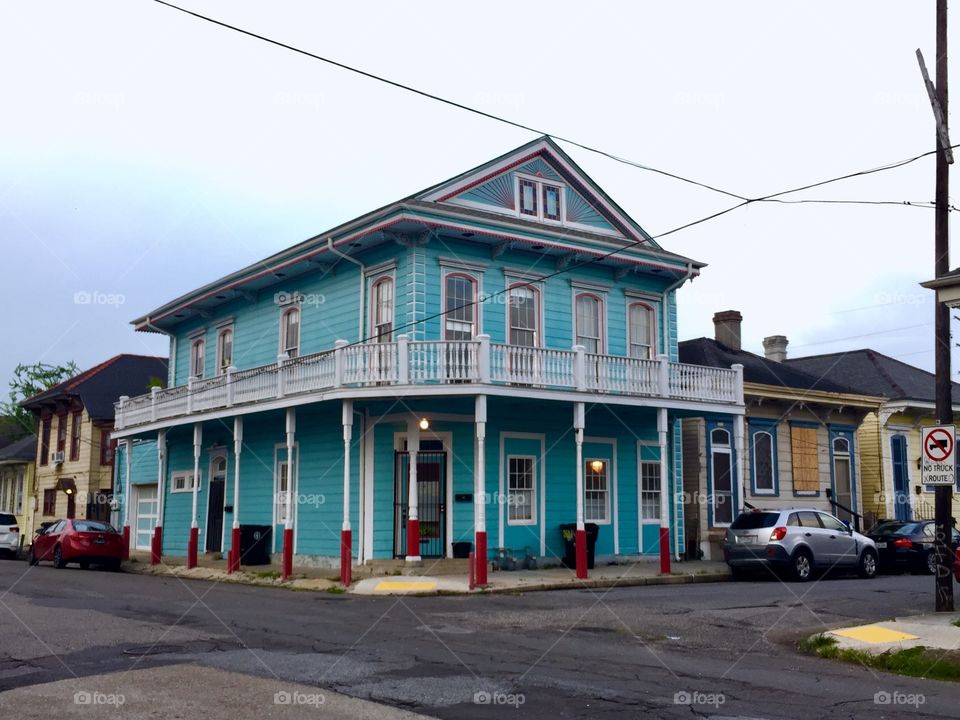 New Orleans blue house on the corner in St. Claude, St. Roch. 