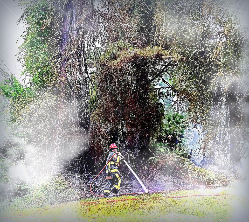 Brave fireman. Brave fireman in the smoke.
