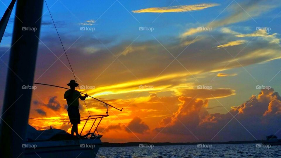 Sunset, Water, Evening, Beach, Fisherman