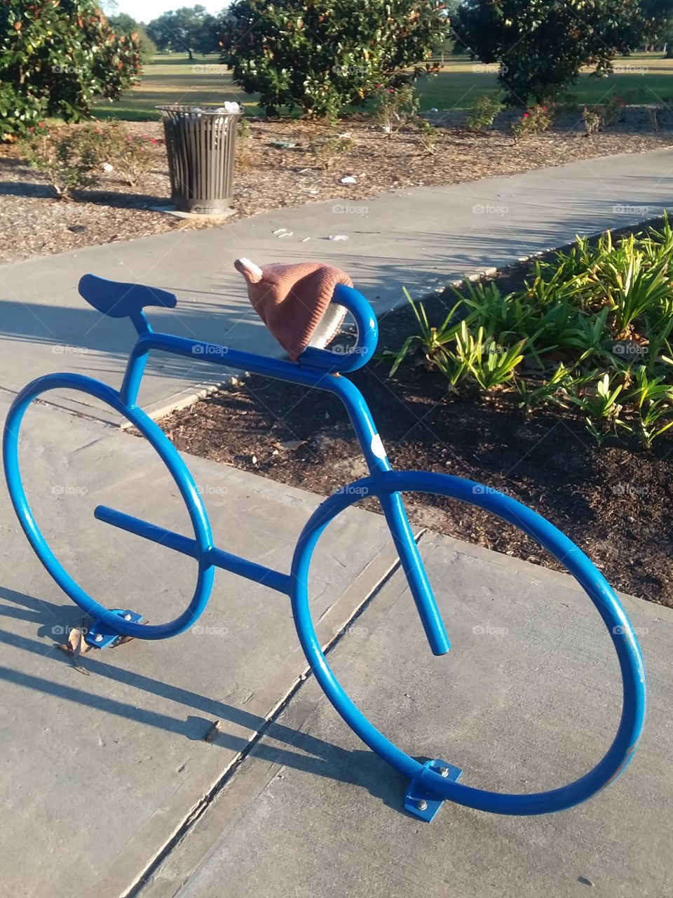 A blue bike rake, with a peach colored hat.