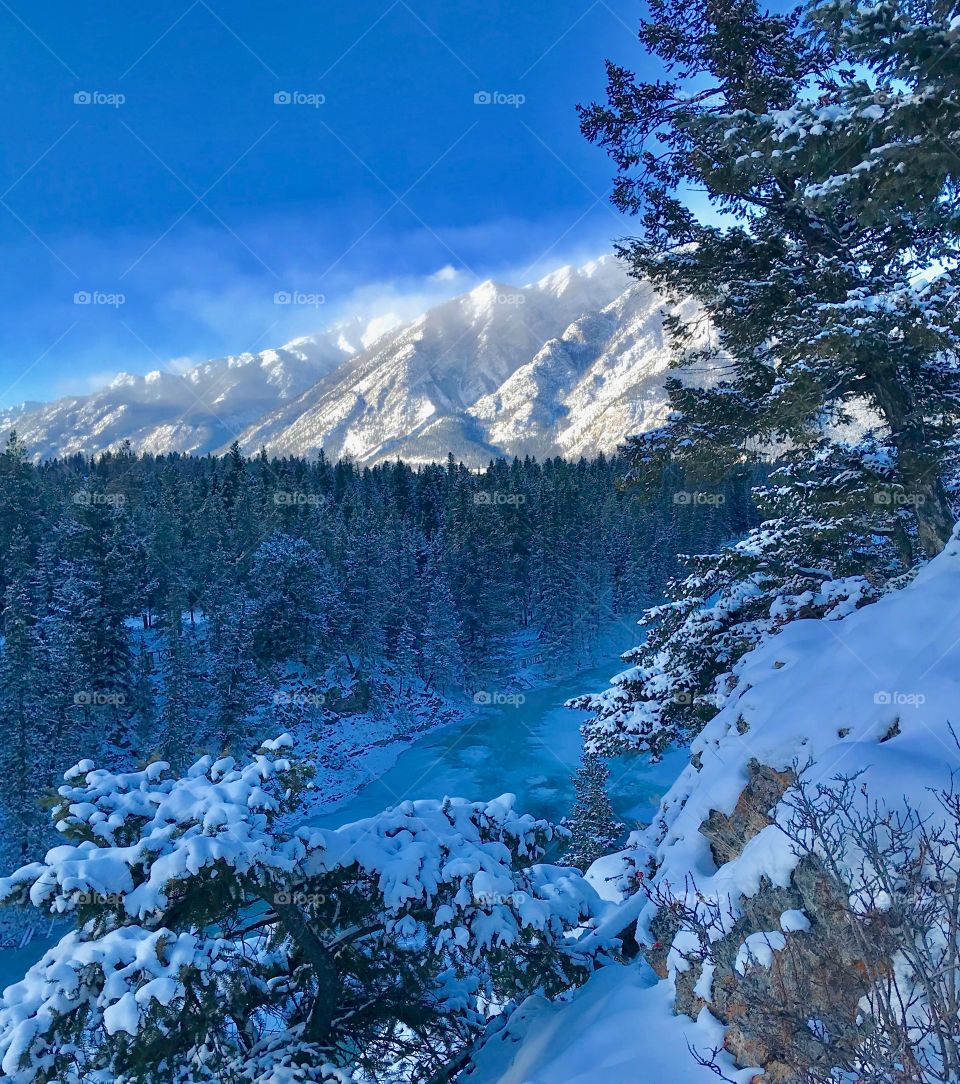 A sunny but windy cold day in the Rocky Mountains of Alberta