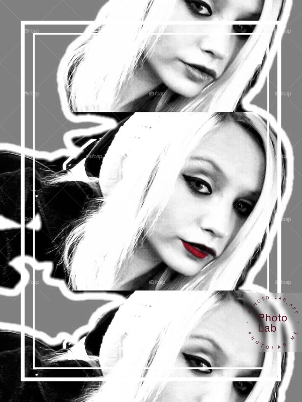 black and white with red lipstick
