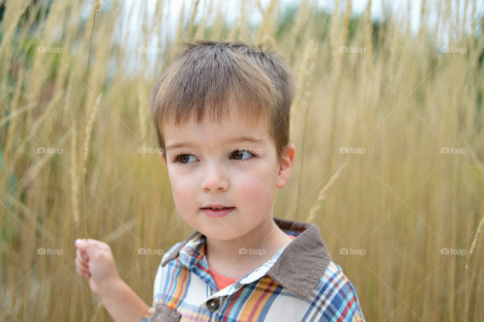 Portrait of a young boy in front of a field of tall grass in the fall