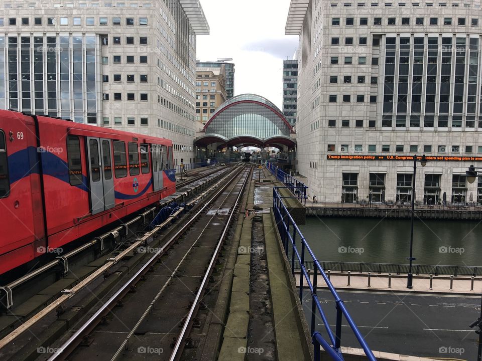DLR train in Canary Wharf London 