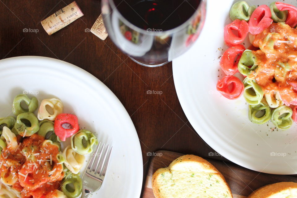 High angle view of pasta with wine