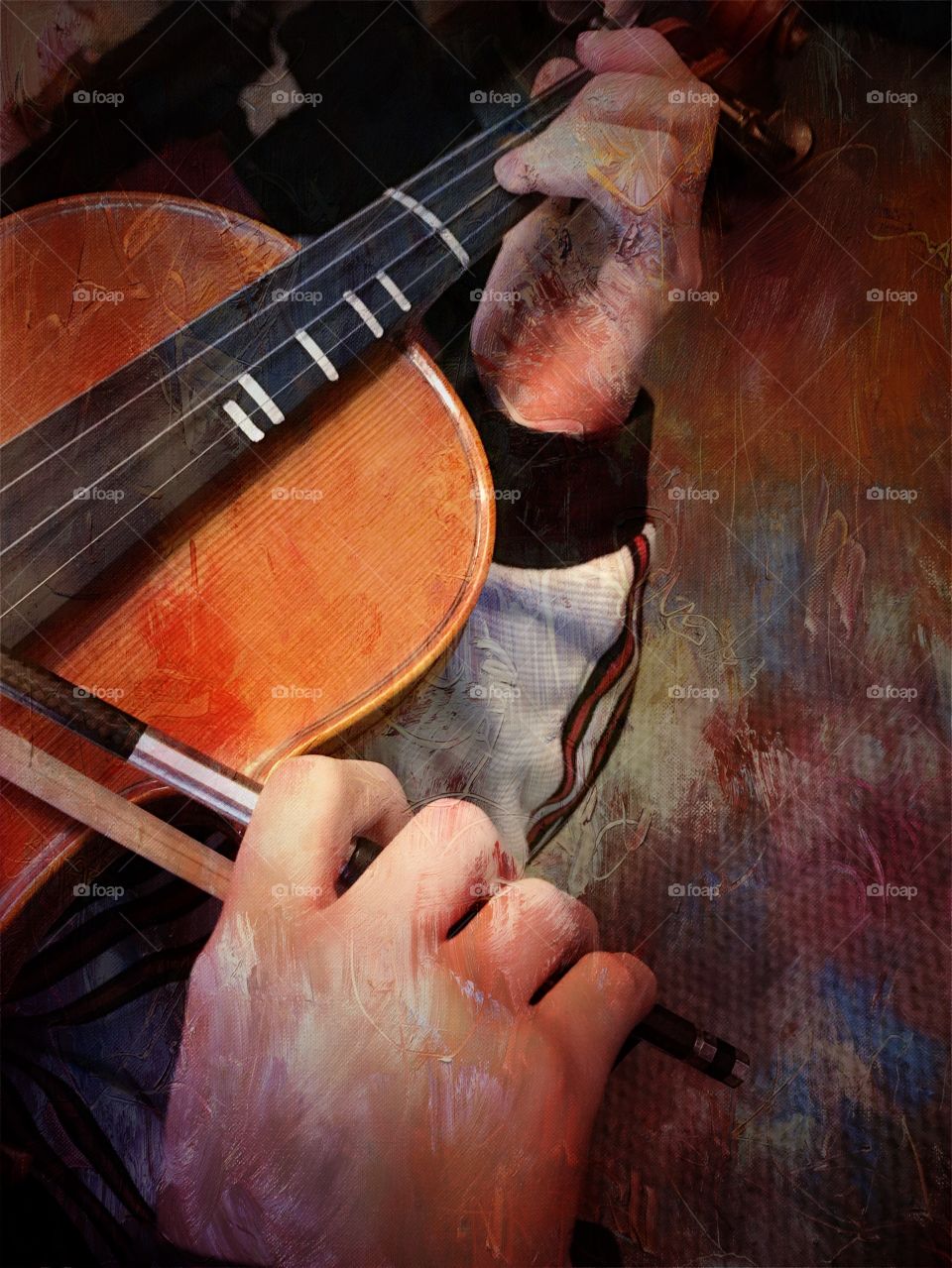 Working hands and violin painting effect