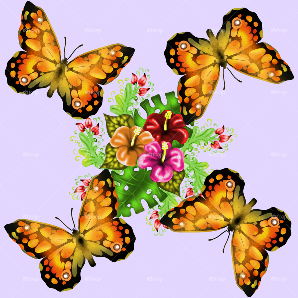 orange color butterfly and flowers pattern