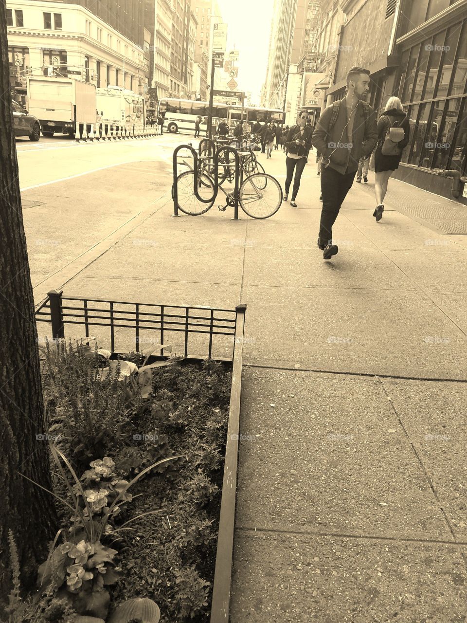 Morning Commute to Work in Manhattan near 6th Avenue and 23rd Street - People Walking - Sepia Filter