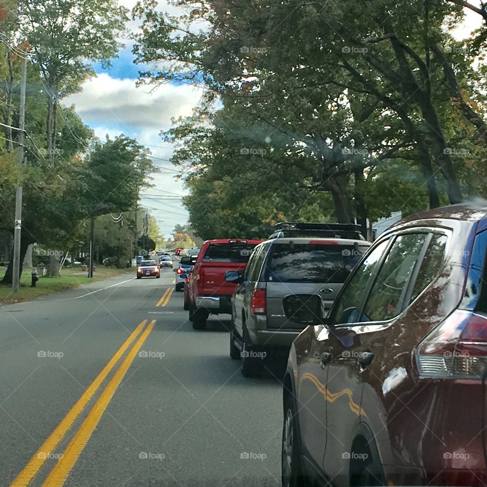 Endless line of traffic getting around a detour in City I was in!  Set of traffic lights made it even longer.