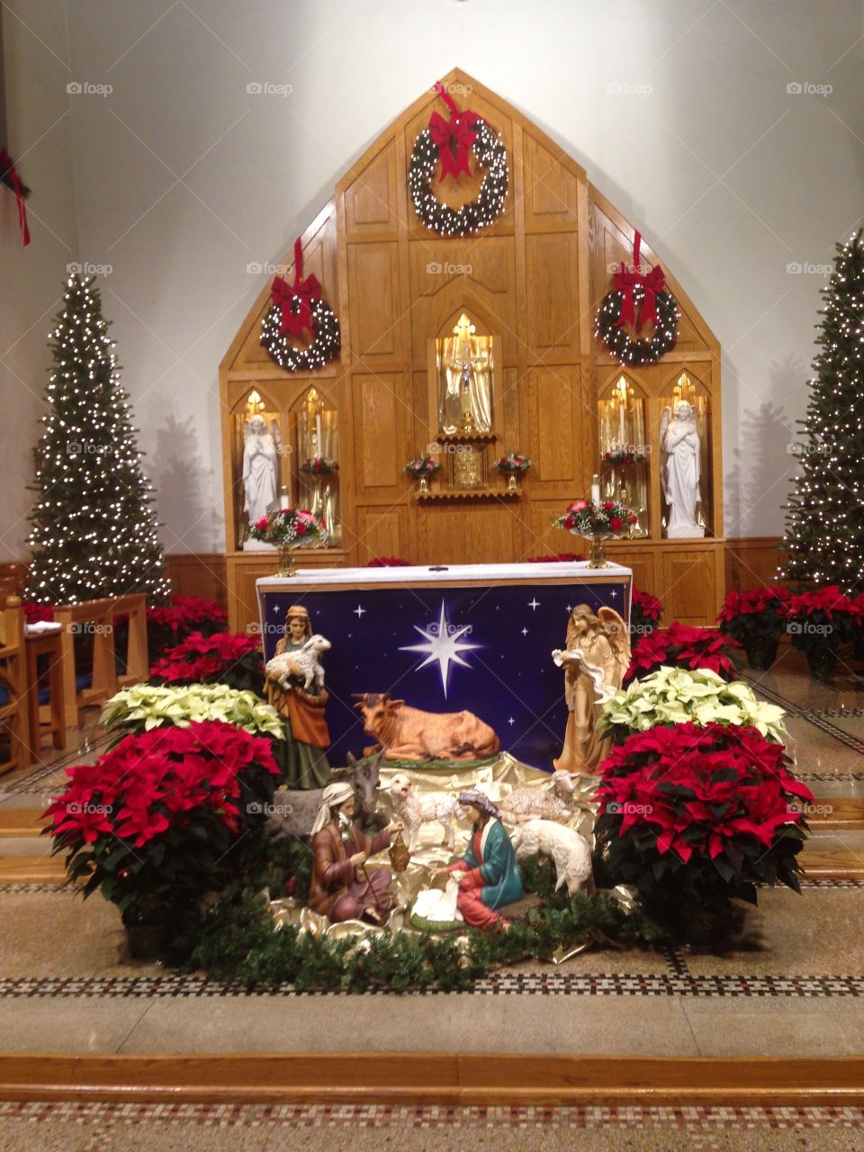 Church decorated with creche