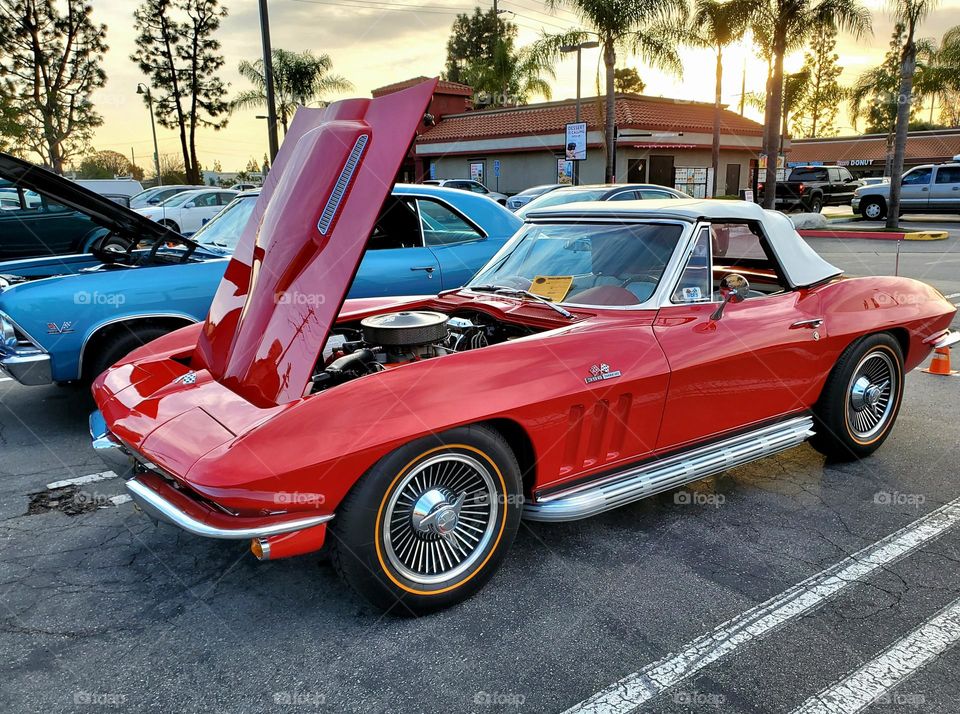 A vintage Corvette shows off its impressive engine at a local car show
