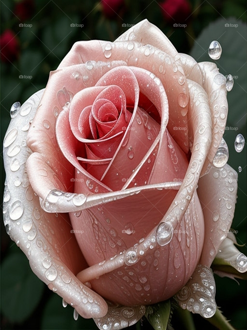 A beautiful pink rose moistened with dew drops