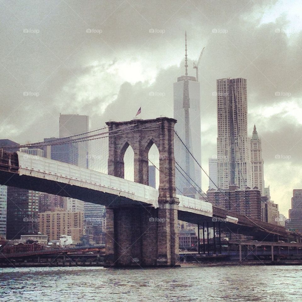 The Brooklyn Bridge with the Freedom Tower