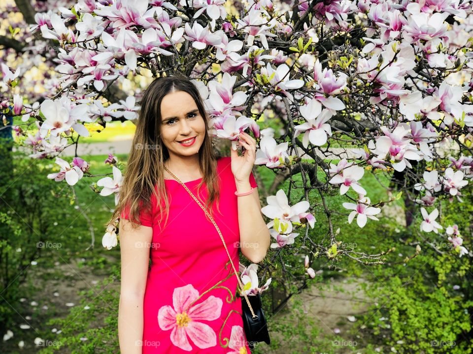 Young woman in pink dress surrounded by pink magnolia flowers blooming in the tree