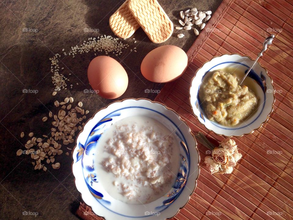 Eggs, cereals cookies on the table 