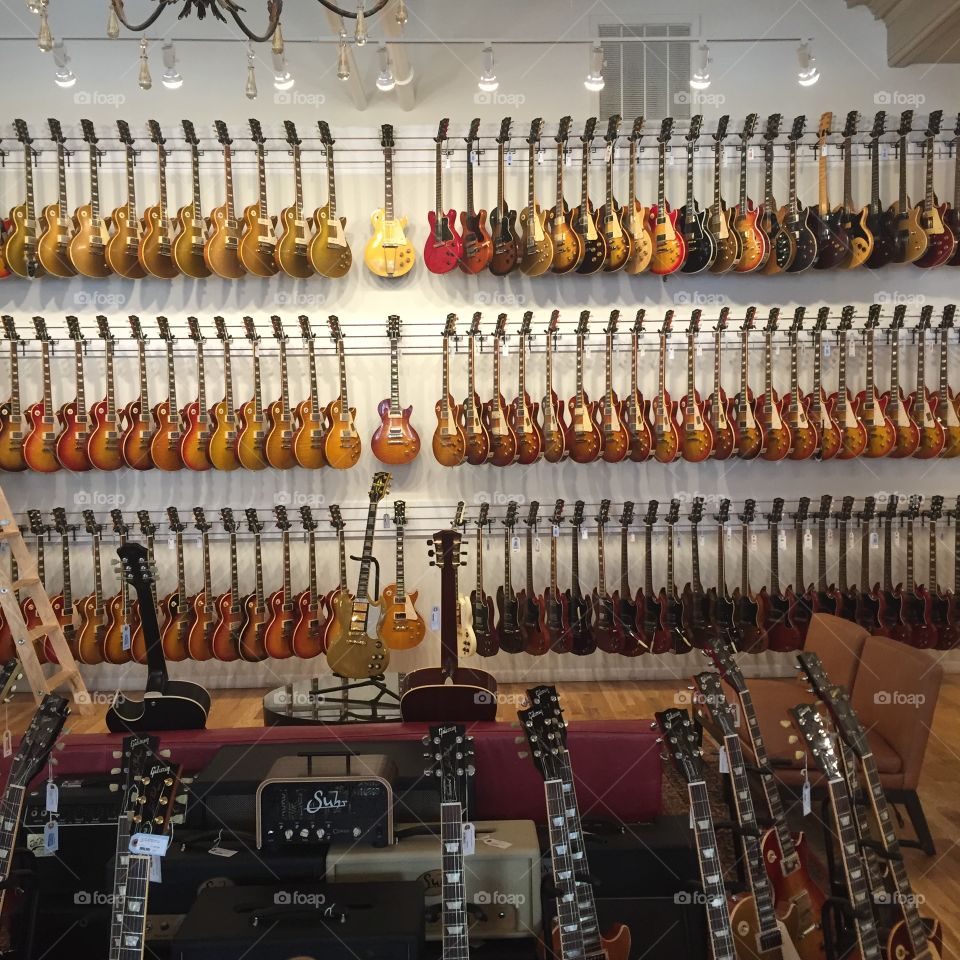 Wall of Gibson Les Pauls at Chicago Music Exchange