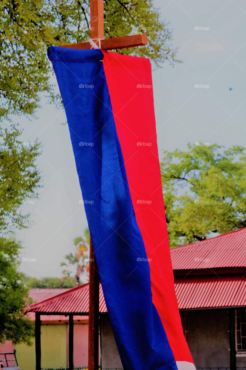 A church flag erected during a church service procession.  