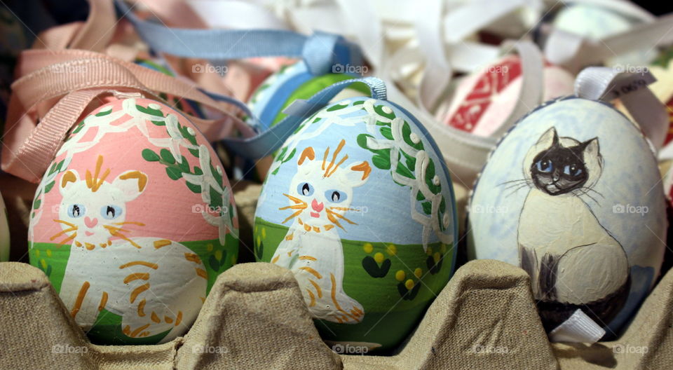 Painted cats on eggs.