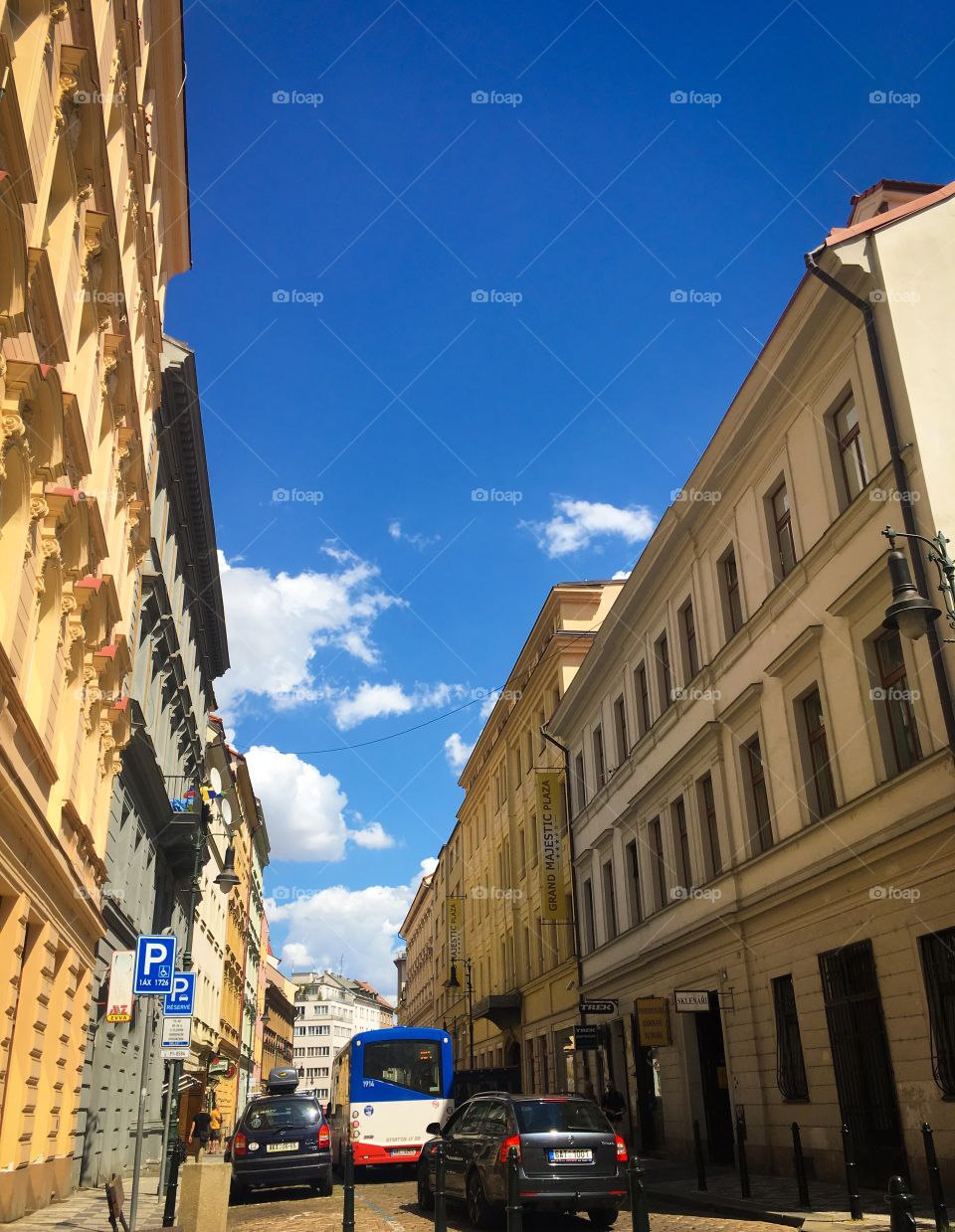 Narrow Beautiful City Street on a Sunny Blue Skies Day