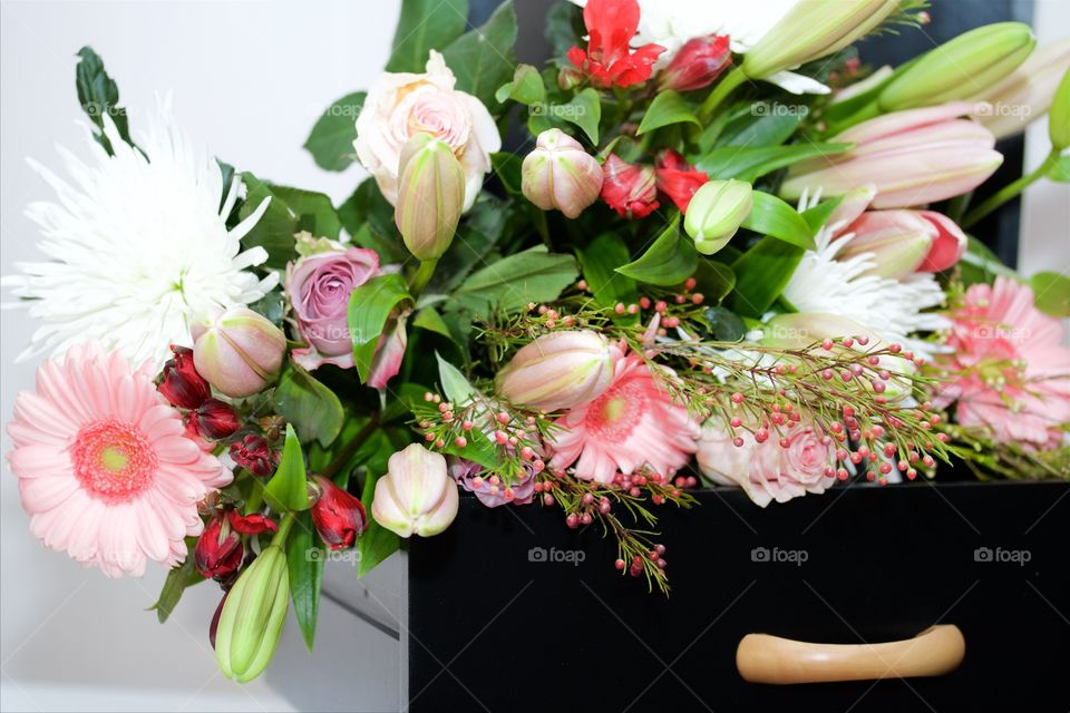 bouquet of flowers with pink lilies