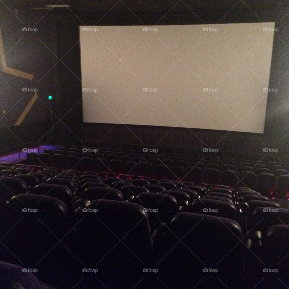 Empty seats in a dark movie theater with blank screen