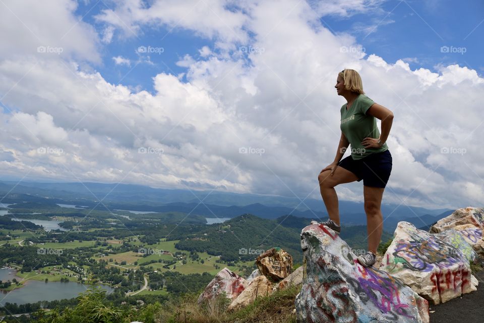 Blonde girl hiker on bell mountain in north Georgia