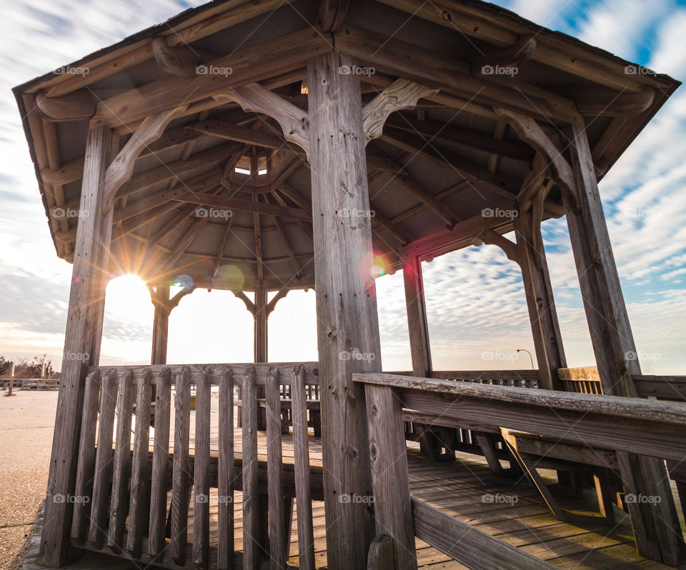 An old gazebo at sunset. 