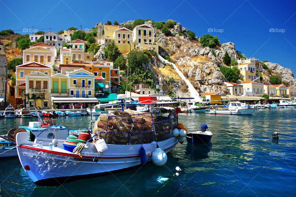 Mediterannean inlet, Port, vessels, summer day of city on the hill
