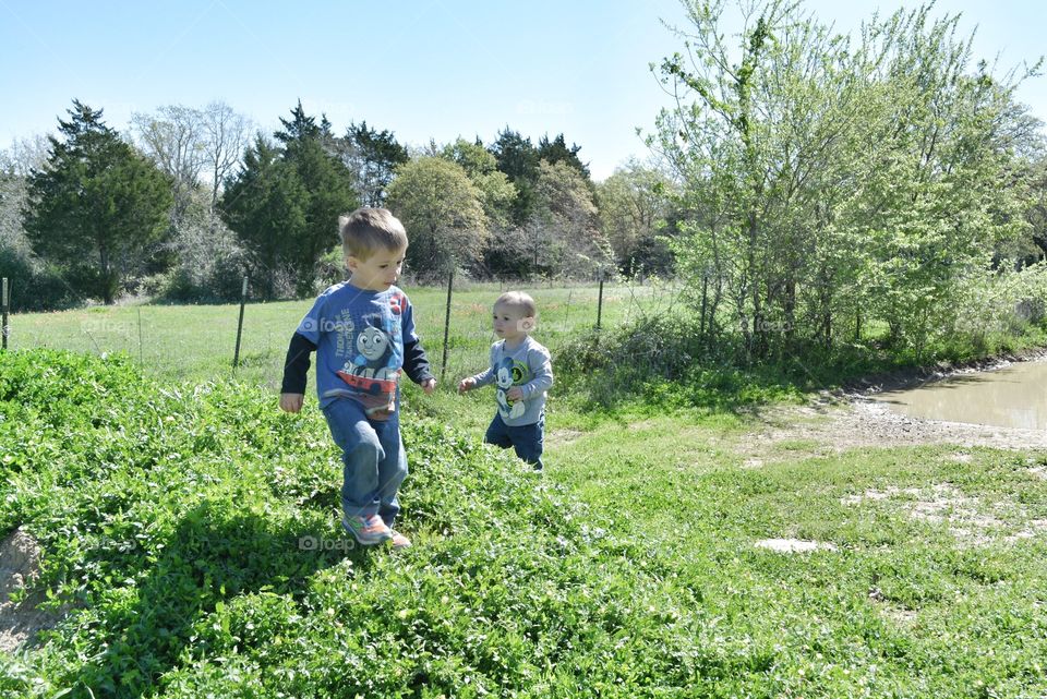 Boys walking up a grass hill on the farm